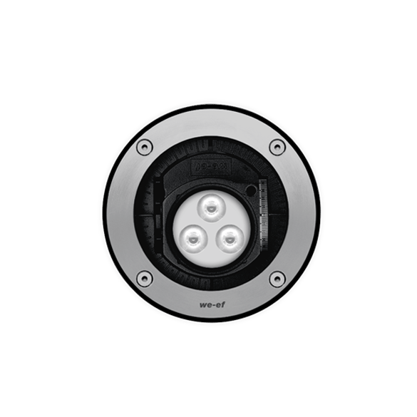 IP69. IK10+. Stainless steel construction including PCS hardware. Safety glass lens, max. load 5 tonnes. Luminaire can be driven over at low speed. Silicone rubber gasket. Anti-wick technology, equipped with a cable gland and 1.5 meters of flexible, PVC-free cable.
Integral EC electronic converter. Advanced thermal management protects LEDs while optimising lumens output. Removable LED boards for upgrading. CAD-optimised optics for superior illumination and glare control. OLC® One LED Concept. 20° tiltable and 355° rotatable. 1-10 V analogue dimming or DALI interface available on request.
Luminaire installation blockout and sealable junction box included in supply.