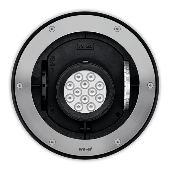 IP67. IK10+. Stainless steel construction including PCS hardware. Safety glass lens, max. load 5 tonnes. Luminaire can be driven over at low speed. Silicone rubber gasket. Anti-wick technology, equipped with a cable gland and 0.5 meters of flexible, PVC-free cable.
Integral EC electronic converter. Advanced thermal management protects LEDs while optimising lumens output. Removable LED boards for upgrading. CAD-optimised optics for superior illumination and glare control. OLC® One LED Concept. 20° tiltable and 355° rotatable. 1-10 V analogue dimming or DALI interface available on request.
Luminaire installation blockout and sealable junction box included in supply.
ASC Anti Slip Coating on request.
IMPORTANT! Inground blockouts must be installed with effective drainage, watch <strong><a href="https://vimeo.com/672613058">here.</a></strong>