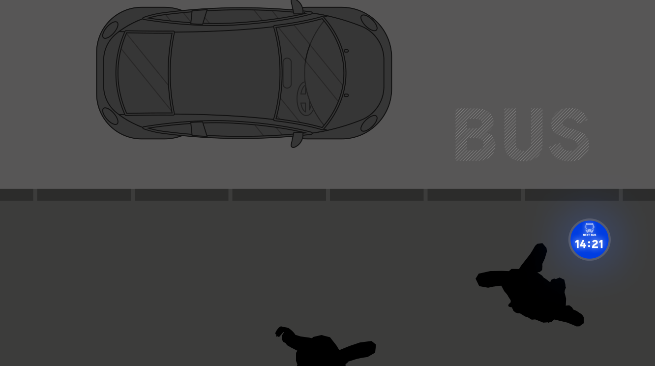Smart Inground Bodenleuchten zeigen Bushaltestelleninformation und Abfahrtszeit 14:21