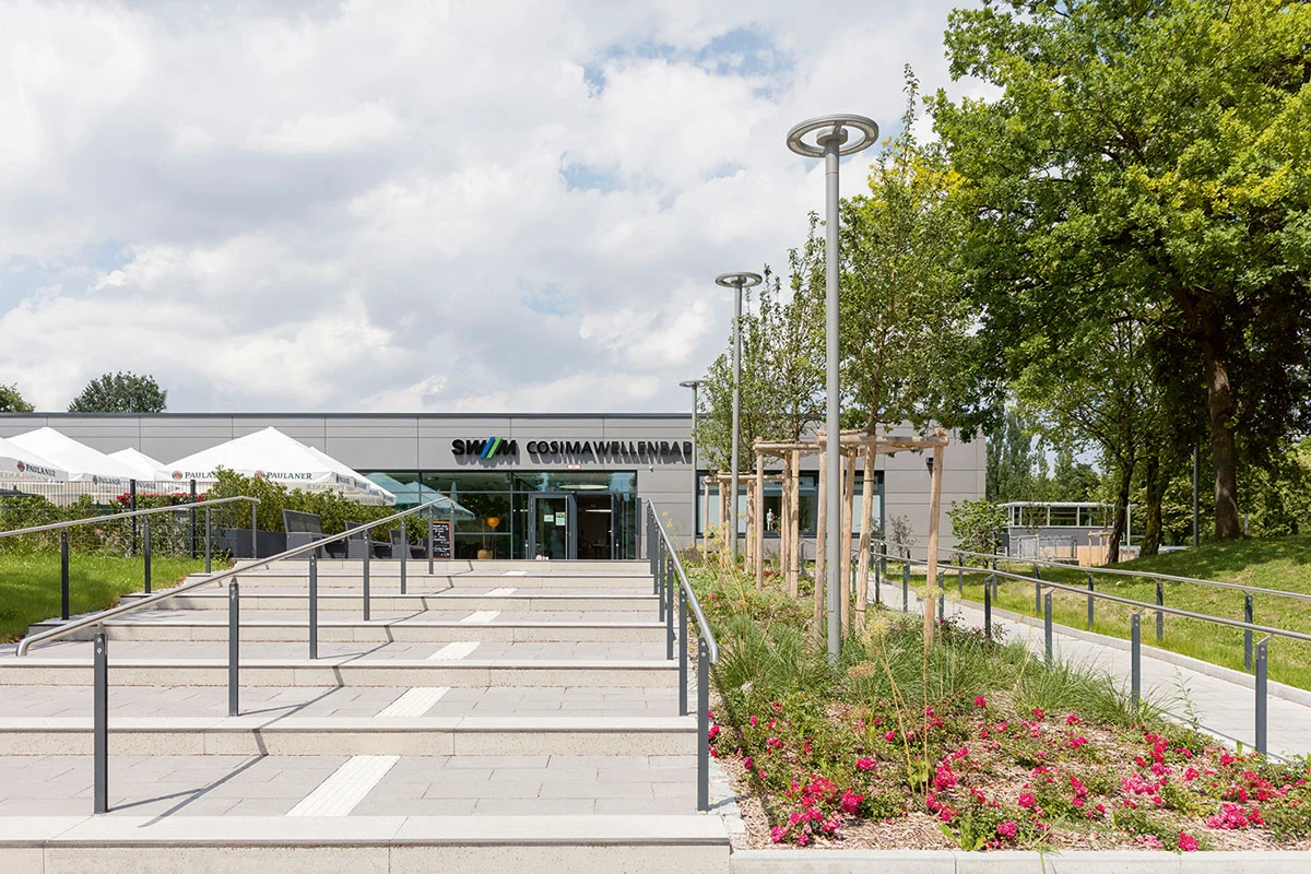 WE-EF CFT540 LED street lighting providing uniform illumination for car park and entrance area at renovated Cosimabad wave pool Munich Germany