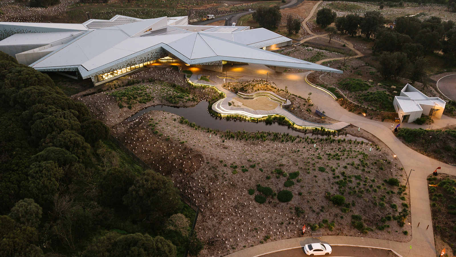 Phillip Island Penguin Parade boardwalk illuminated with WE-EF VFL500-SE luminaires in specialized amber color temperature, exemplifying wildlife-sensitive public space lighting that enables safe human access to observe endangered little penguins while using longer wavelength amber light that minimizes impact on migratory species' circadian rhythms, behavior and psychology as recommended for areas with sensitive fauna