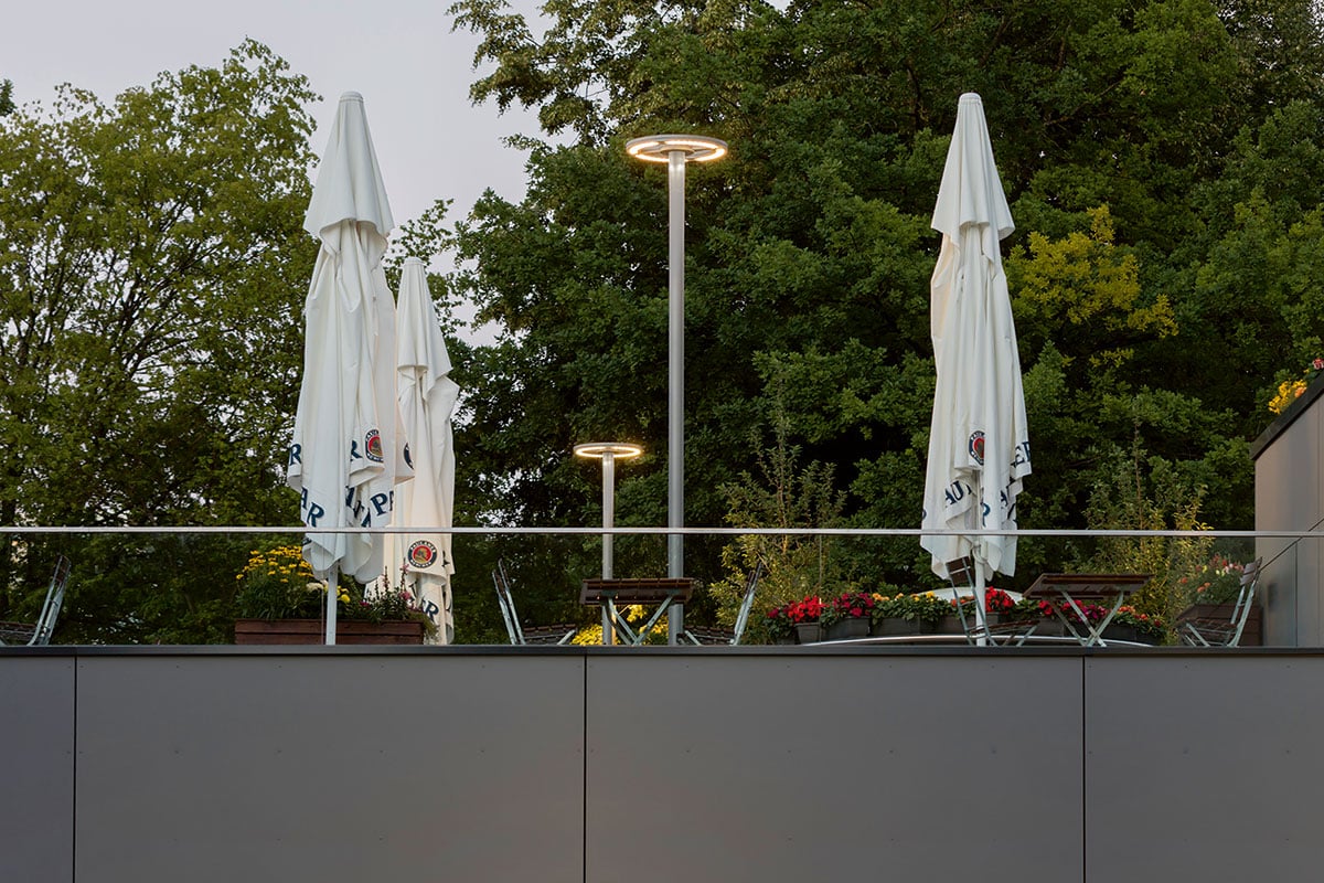 WE-EF RMC320 LED street luminaires with 5CE superior corrosion protection for chlorinated outdoor pool area at Cosimabad spa facility Munich Germany