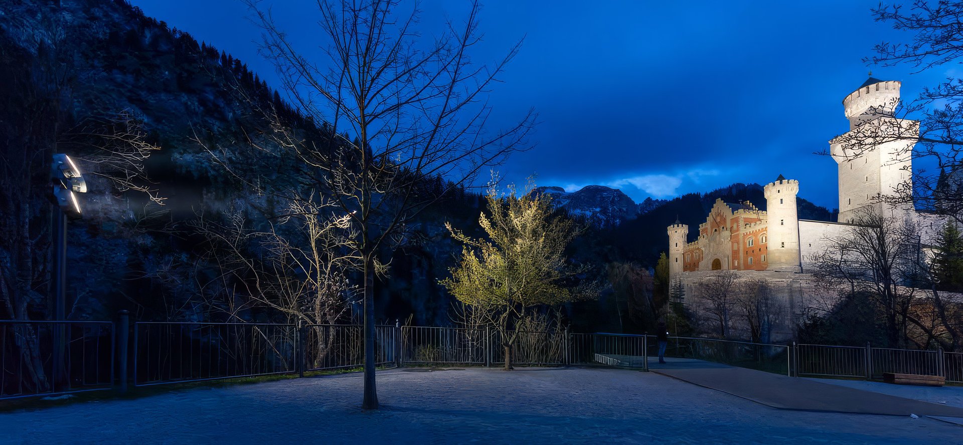 Parvis d'accueil du château de Neuschwanstein de nuit, avec des arbres éclairés par des projecteurs WE-EF et le château illuminé en arrière-plan