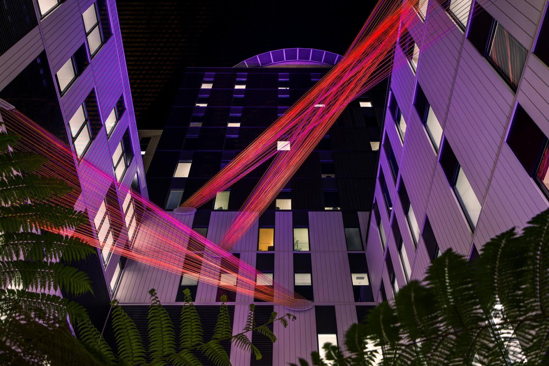 Leuchtende, pink‑ und rotfarbene Lichtstränge spannen sich nachts zwischen den Fassaden eines modernen Gebäudekomplexes. Die farbigen Linien erzeugen ein schwebendes, dynamisches Muster vor den hellen Fensterflächen und den vertikalen Paneelen der Architektur.