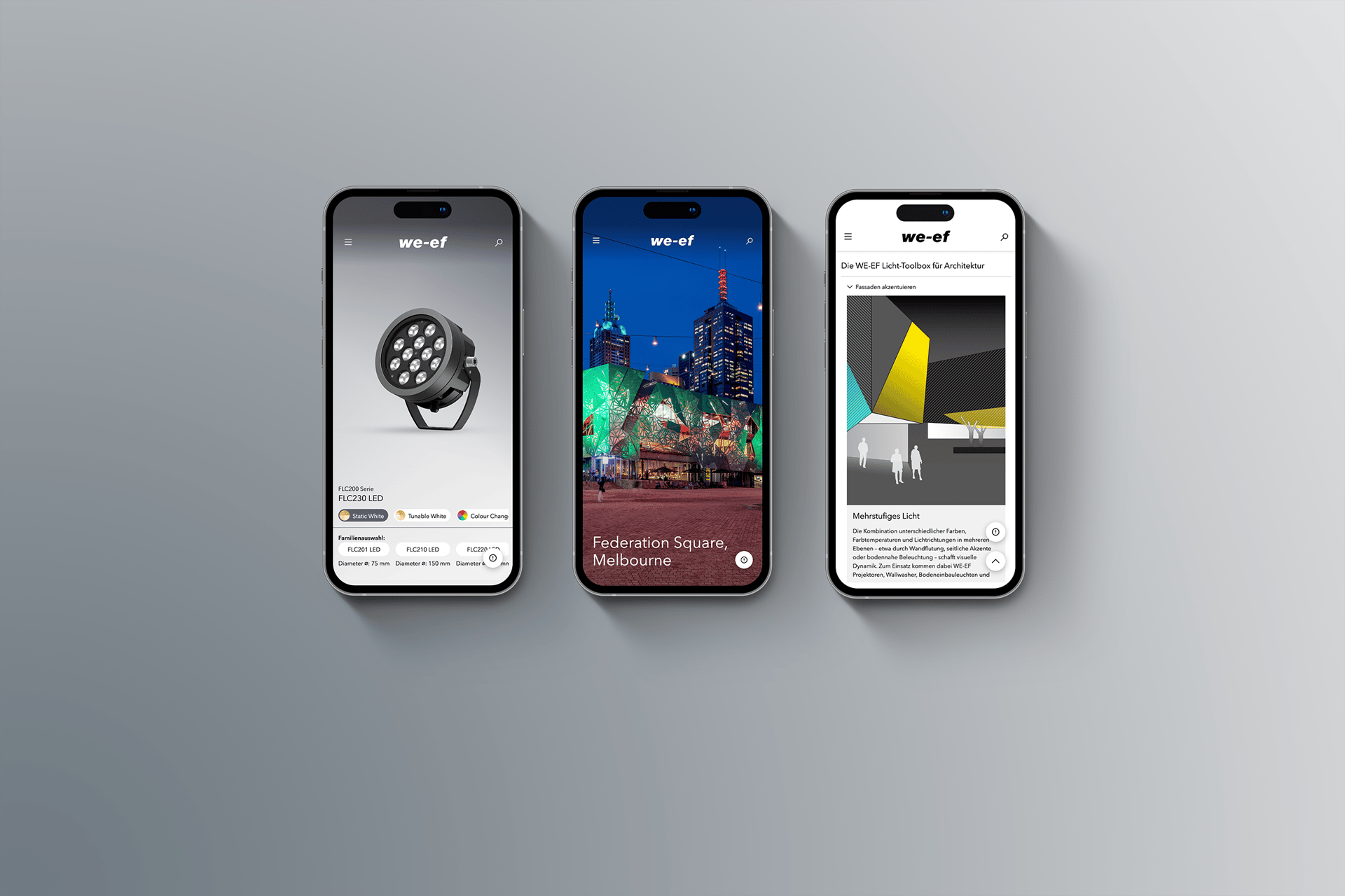 Visuals der neuen WE-EF Website auf drei iPhones mit einer Produktansicht, einer Projektansicht und einer Anwendungsseite
