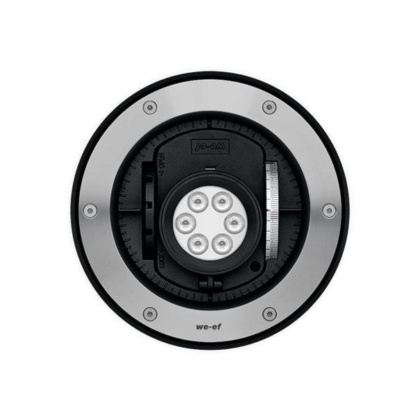 IP69, Class I. IK10+. Stainless steel construction including PCS hardware. Safety glass lens; max. load 5 tonnes. Luminaire can be driven over at low speed. Silicone rubber gasket. Anti-wick technology, equipped with a cable gland and 1.5 meters of flexible, PVC-free cable.
Integral EC electronic converter. Advanced thermal management protects LEDs while optimising lumens output. Removable LED boards for upgrading. CAD-optimised optics for superior illumination and glare control. OLC® One LED Concept. 20° tiltable and 355° rotatable.
Luminaire installation blockout and sealable junction box included in supply.