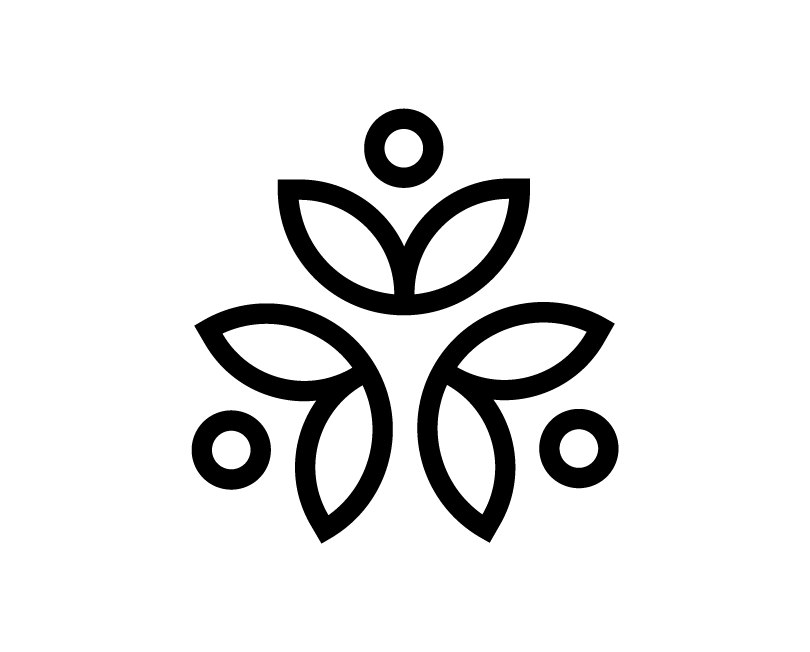 Icon for WE-EF's sustainability concept: three stylised leaf pairs with dots, symbolising growth, circularity, and the People & Planet strategy.