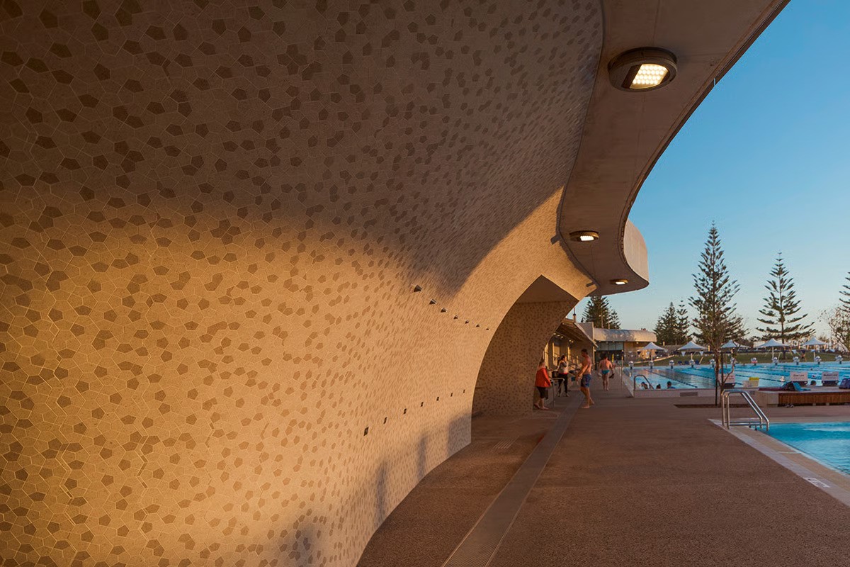 WE-EF recessed ceiling downlights illuminating entrance corridor at Scarborough Beach Pool 6-star Green Building Council Australia certified facility Perth