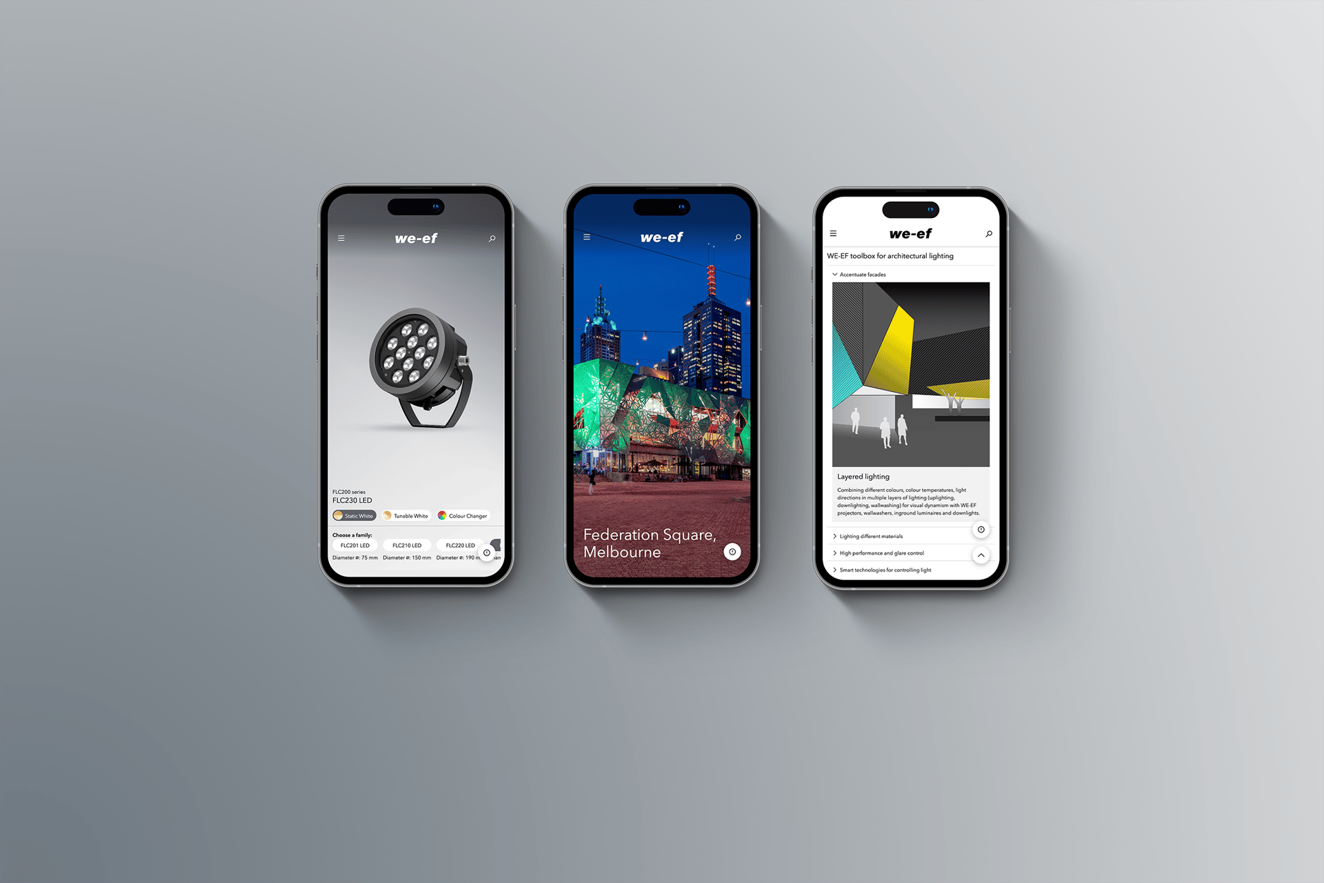 Visuals of the new WE-EF Website on three Iphones featuring a product view, a project view and an application page