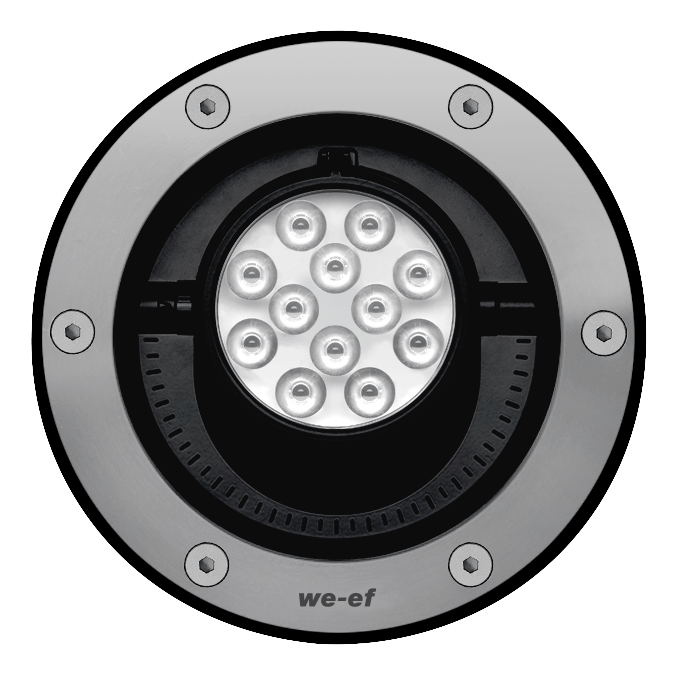 IP67*, Classe I, IK10+. Caisson et collerette en acier inoxydable. Visserie inox avec traitement PCS. Joint silicone. Verre de sécurité. Charge admissible 5000Kg. Passage des véhicules autorisé à faible vitesse.Câble d'alimentation de 1.5m monté, scellé et résiné en usine.
Equipement électrique intégré.(Dé)montage du châssis sans outils. Inclinable à 30° et rotatif sur 360°. Platine intégrée avec LED haute efficience. Version en 2200K disponible. À préciser lors de la demande de devis.
Pour l'installation, nous recommandons l'utilisation d'un pot d'encastrement. A commander séparément.
Le luminaire n'est pas adapté à un fonctionnement permanent sous l'eau et doit être éteint en cas d'inondation.
* Testé en plus selon IP66, IP67, IP68 0,1 bar 3h, jusqu'à 1 m de profondeur selon DIN EN 60598 et IP69K/80° selon DIN EN 60529.