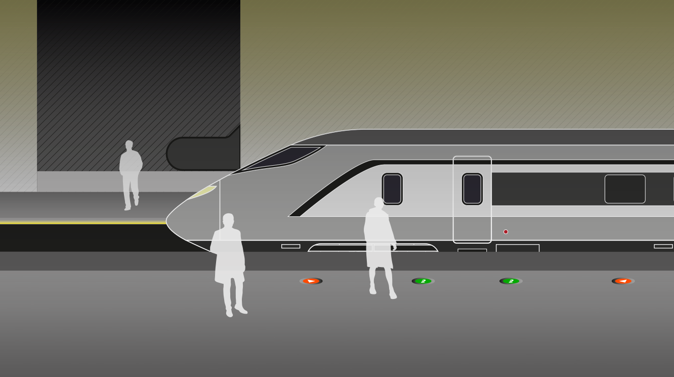Intelligente Bodeneinbauleuchten mit Wegeleitsystem am Bahnsteig - grüne und rote Orientierungssignale