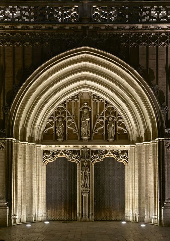 WE-EF ETC130-GB and ETC140-GB inground luminaires illuminating Gothic portal entrance with precise beam control Cathedral of Our Lady Antwerp