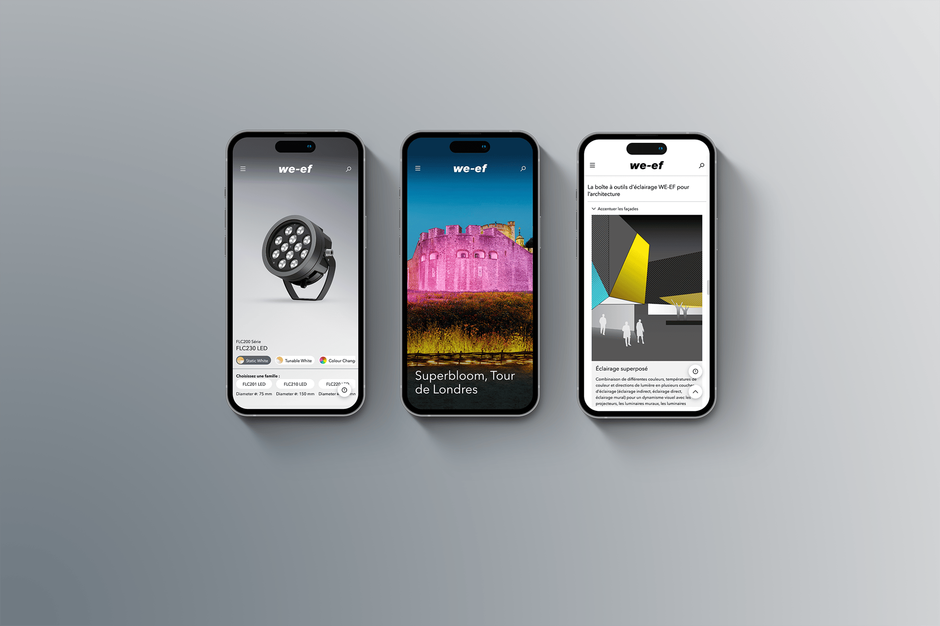 Visuels du nouveau site WE-EF sur trois iPhones présentant une vue produit, une vue projet et une page d’application