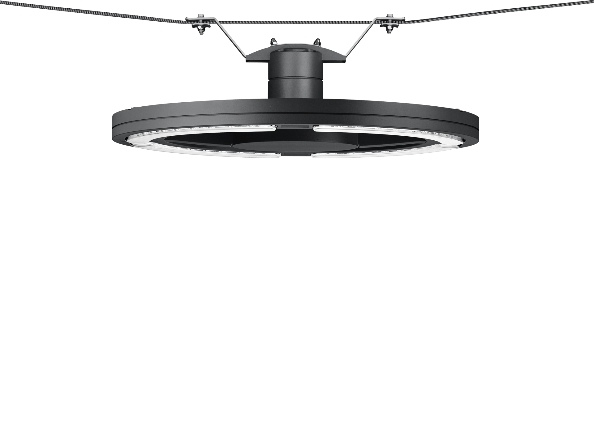 IP66. Classe I. IK08. Corps en fonte d'aluminium injecté, traitement titanium. Visserie inox avec traitement PCS. Protection contre la corrosion 5CE. Joint silicone CCG®. Verre de sécurité anti-reflet monté dans un cadre suspendable. Modules LED interchangeables individuellement. Lentille PMMA avec technologie OLC® (mono optique multidirectionnelle) pour la maîtrise du flux et l'uniformité de l'éclairage. Câbles et accessoires non fournis. Version en 2200K disponible. À préciser lors de la demande de devis.
Option R2C disponible (Connecteurs standard Zhaga Book 18 sur le dessus du luminaire avec driver compatible (D4i), à spécifier lors de la demande de devis).
Hauteur conseillée selon la puissance : 5 à 8m.