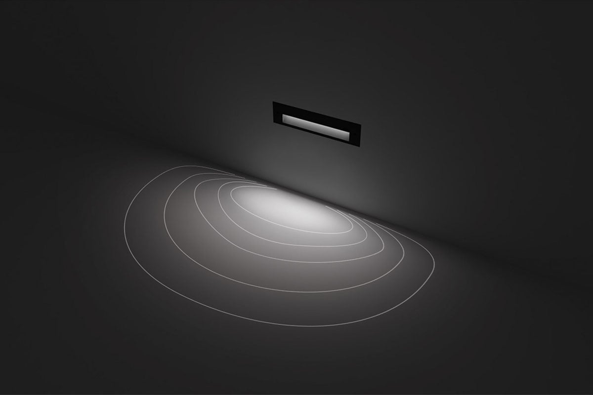 The STI134 steplight provides glare-free, broad 'floor wash' coverage from a low installation height, including the area right underneath – at the 'foot' of the luminaire.