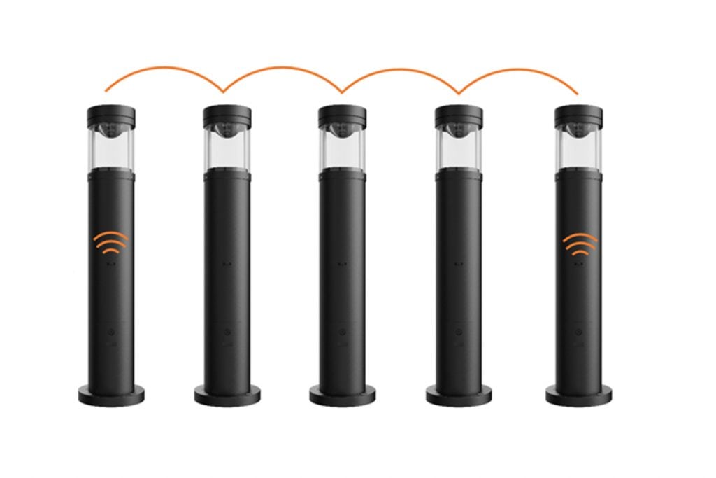 Eco Step Dim® Motion Linked-Secondary - Nur die erste und die letzte Leuchte haben einen integrierten Bewegungsmelder. Diese lösen über die zusätzliche Steuerphase in jeder Anschlussdose alle angeschlossenen Leuchten aus. Kostengünstige Lösung für mittlere Sicherheitsanforderungen.